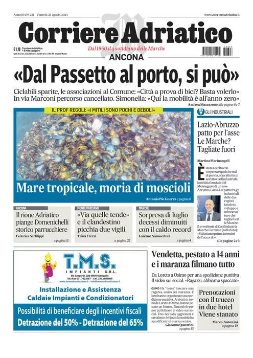 Prima-pagina-corriere adriatico-edizione-di-oggi-23-08-2024